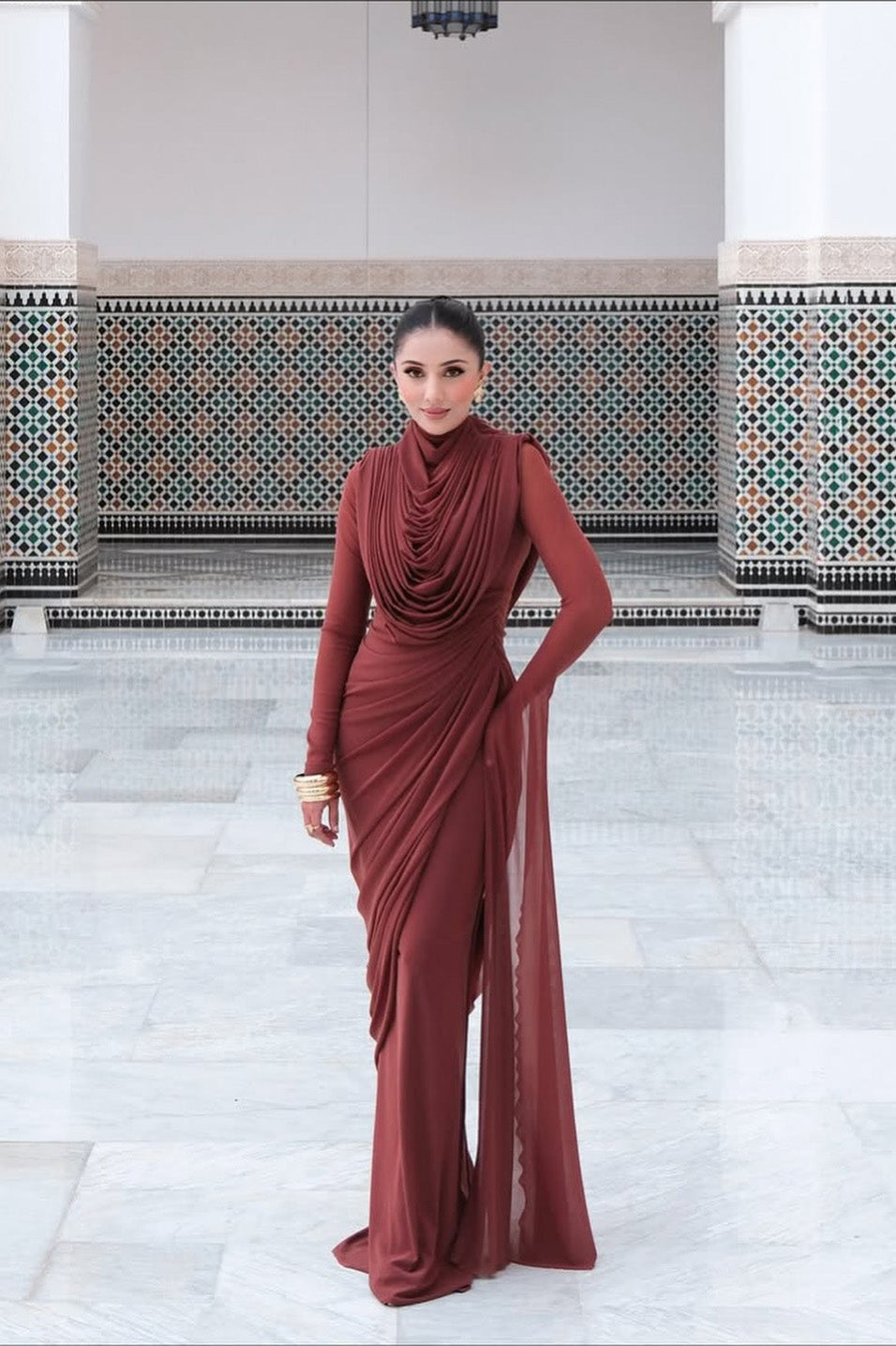 Sophisticated Terracotta Pleated Maxi-Length Dress