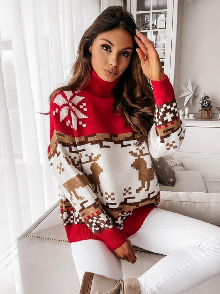 Modern Knit Pullover with Embroidered Reindeer and Snowflake Design