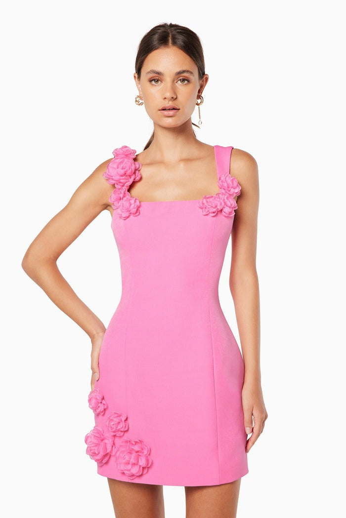 Solid 3D Flower Strap Mini-Length Dress