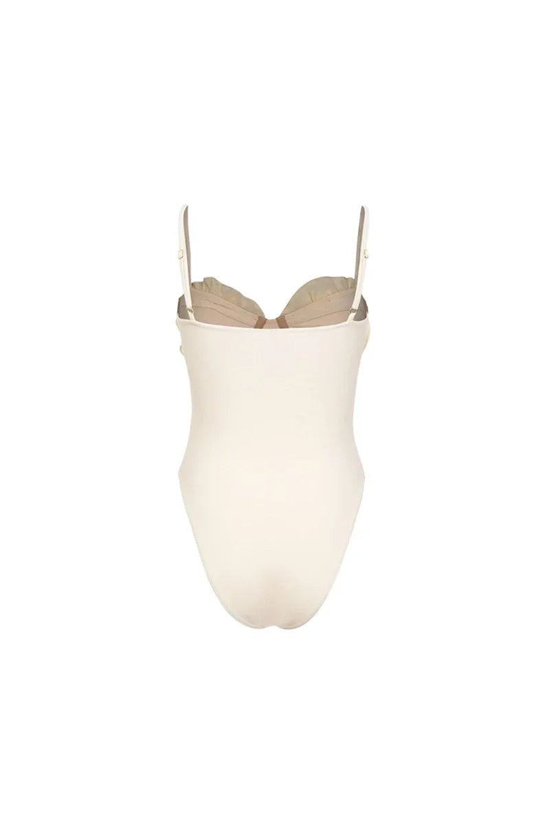 Flower Applique Solid One-Piece Swimwear