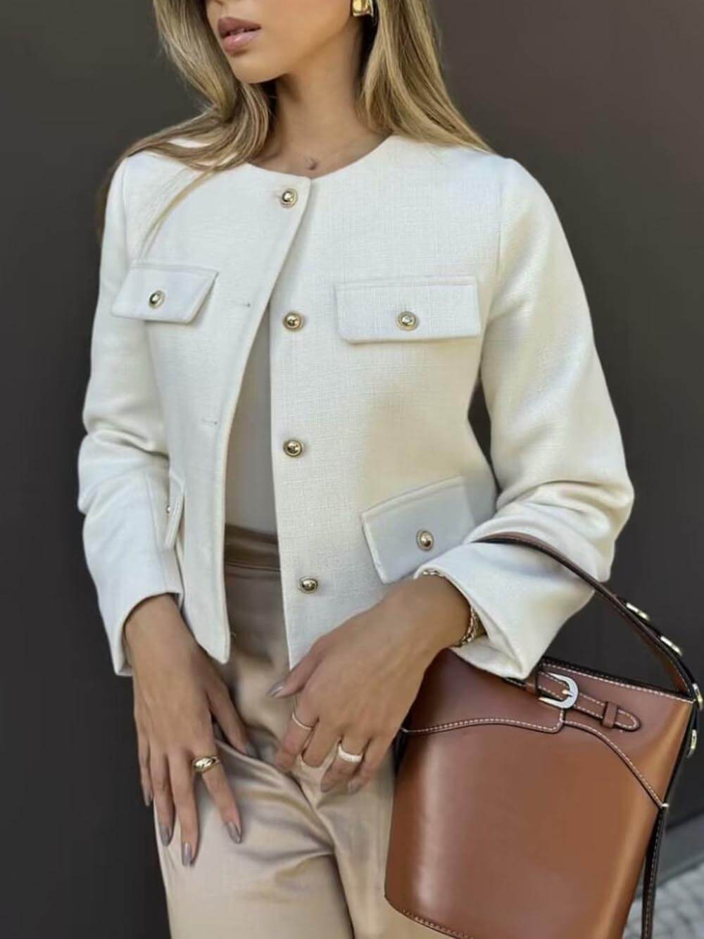 Cropped Suit Jacket with Decorative Buttons