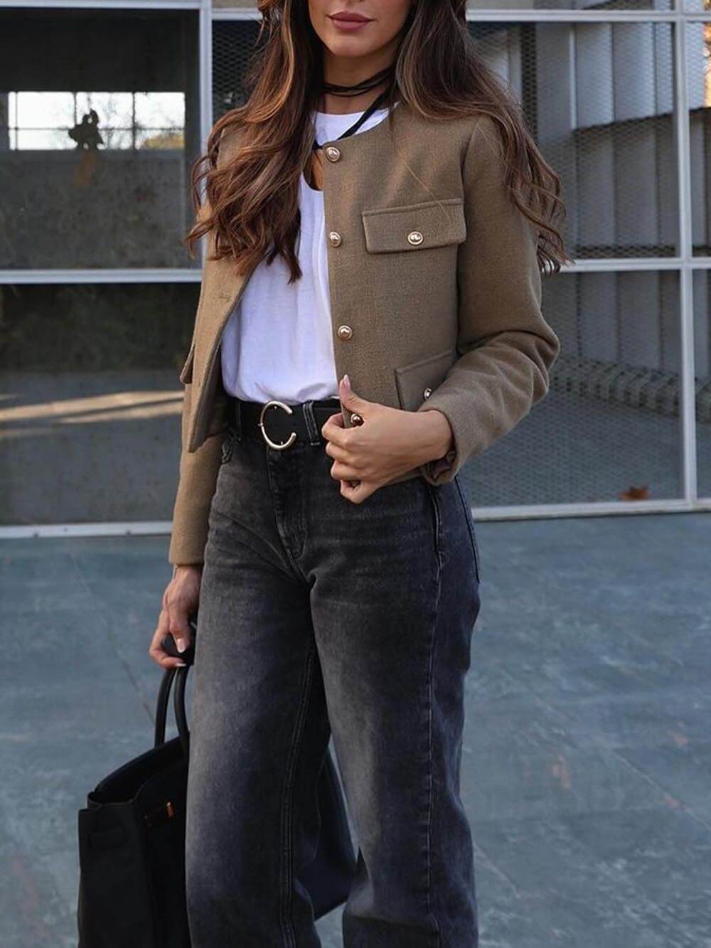 Cropped Suit Jacket with Decorative Buttons