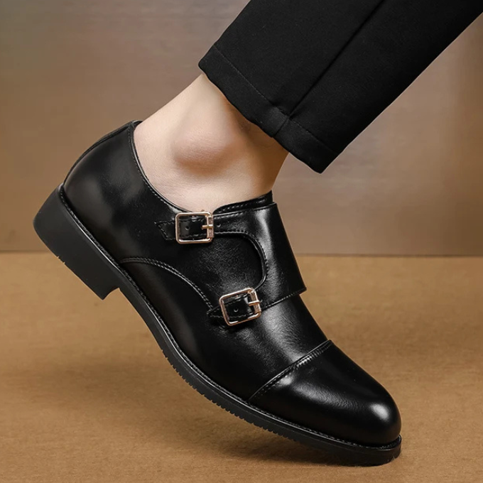 Full-Grain Leather Monk Strap Shoes with Cap-Toe Detail