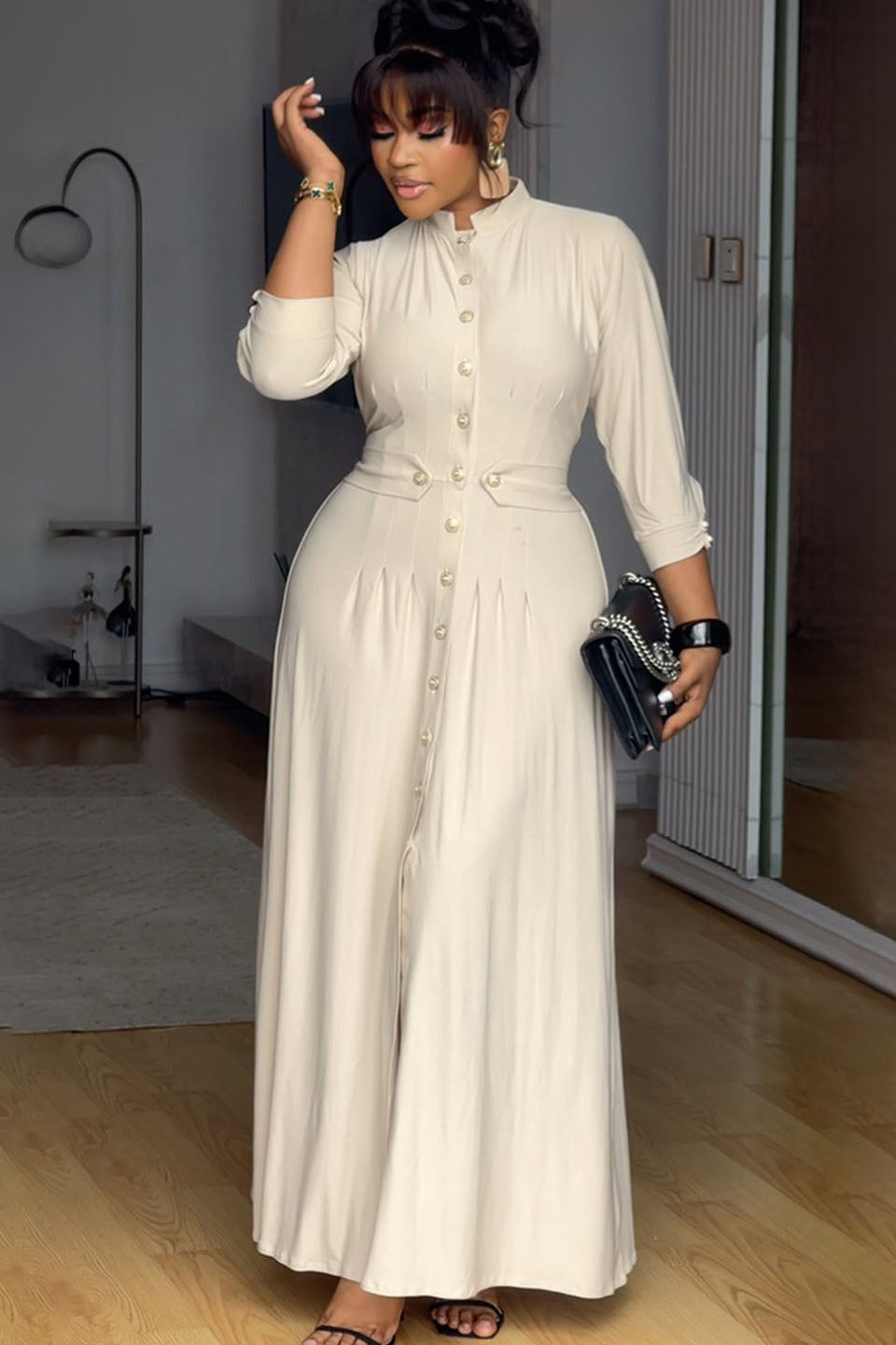 Pearl Button Stand Collar Fitted Maxi-Length Dress