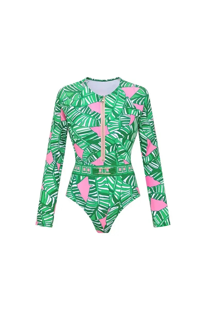 Green Zip Long Sleeve Patterned Surf Swimwear Set