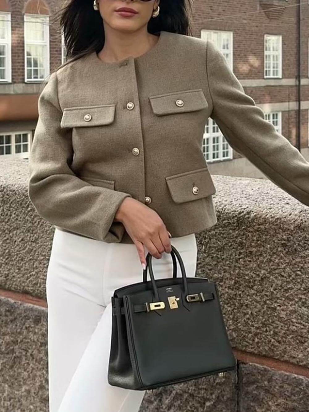 Cropped Suit Jacket with Decorative Buttons