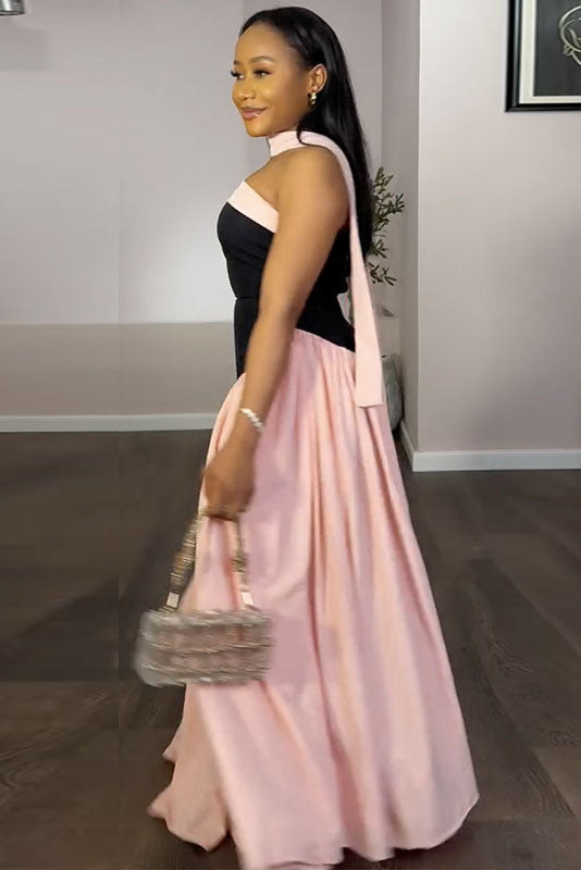 Strapless Flowy Contrast Color Maxi-Length Dress