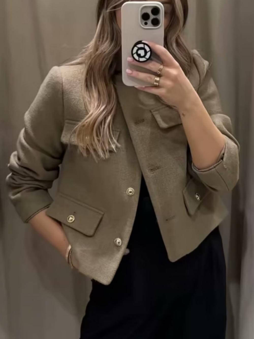 Cropped Suit Jacket with Decorative Buttons