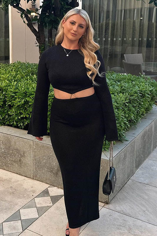 Crew Neck Knit & Slit Skirt Set
