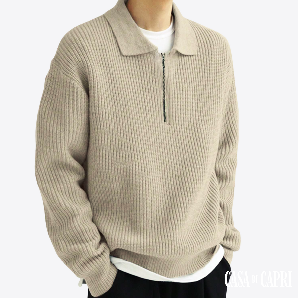 Denim Sweater with Zip Front