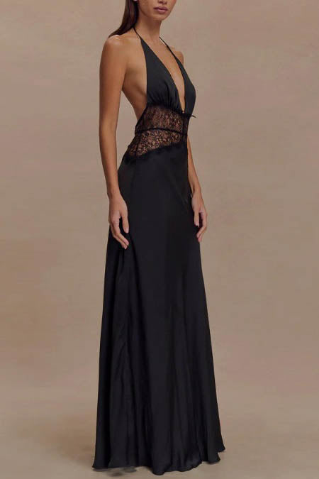 Halter Patchwork Open-Back Sexy Maxi-Length Dress