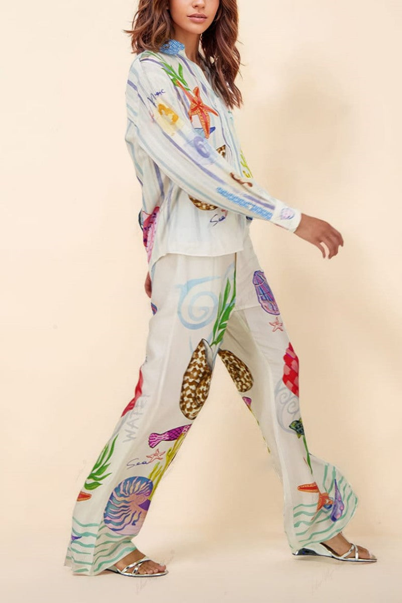 Ocean Theme Print Trousers-Set