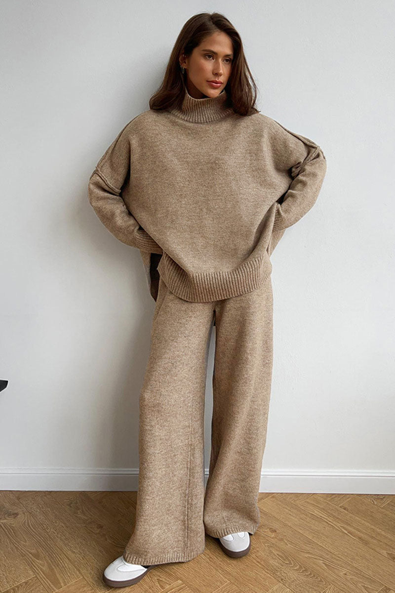 Turtleneck Split Knit Sweater Loose Knit Trousers Set