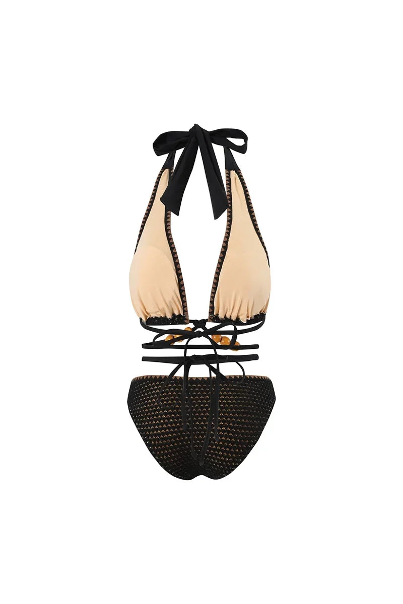 Beaded Knit Tie-String Black Two-Piece Bikini