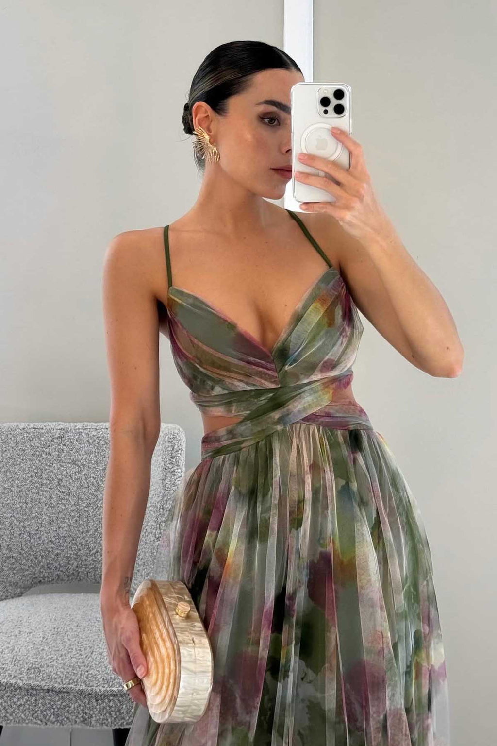 Painted Flower Print V-Neck A-Line Maxi-Length Dress