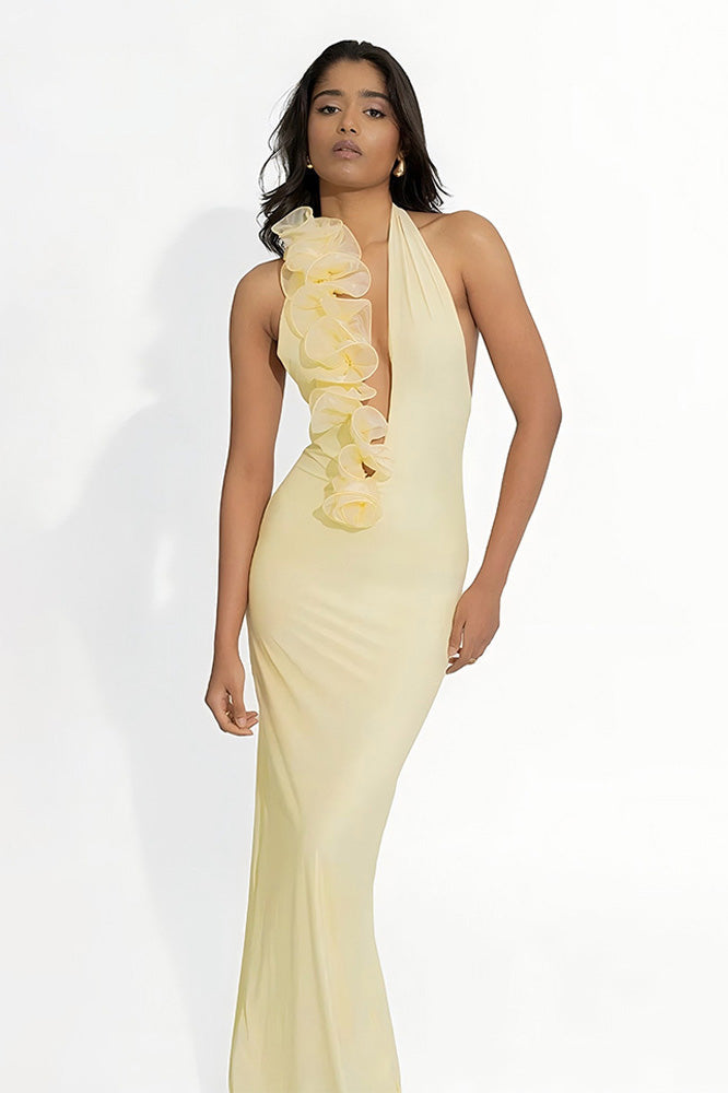 Asymmetry Lemon 3D Flower Halter Maxi-Length Dress