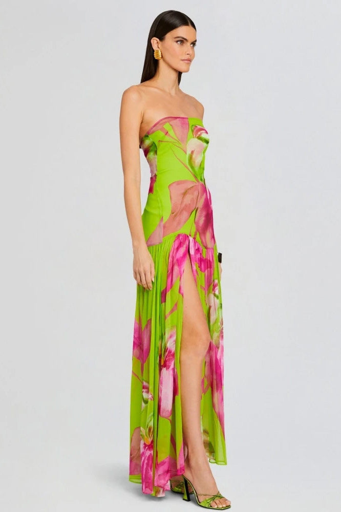 Pam Patterned Strapless Slit Maxi-Length Dress