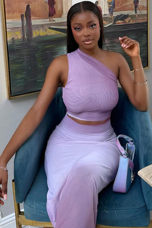 Coordinated Gradient One-Shoulder Sheer Skirt Set