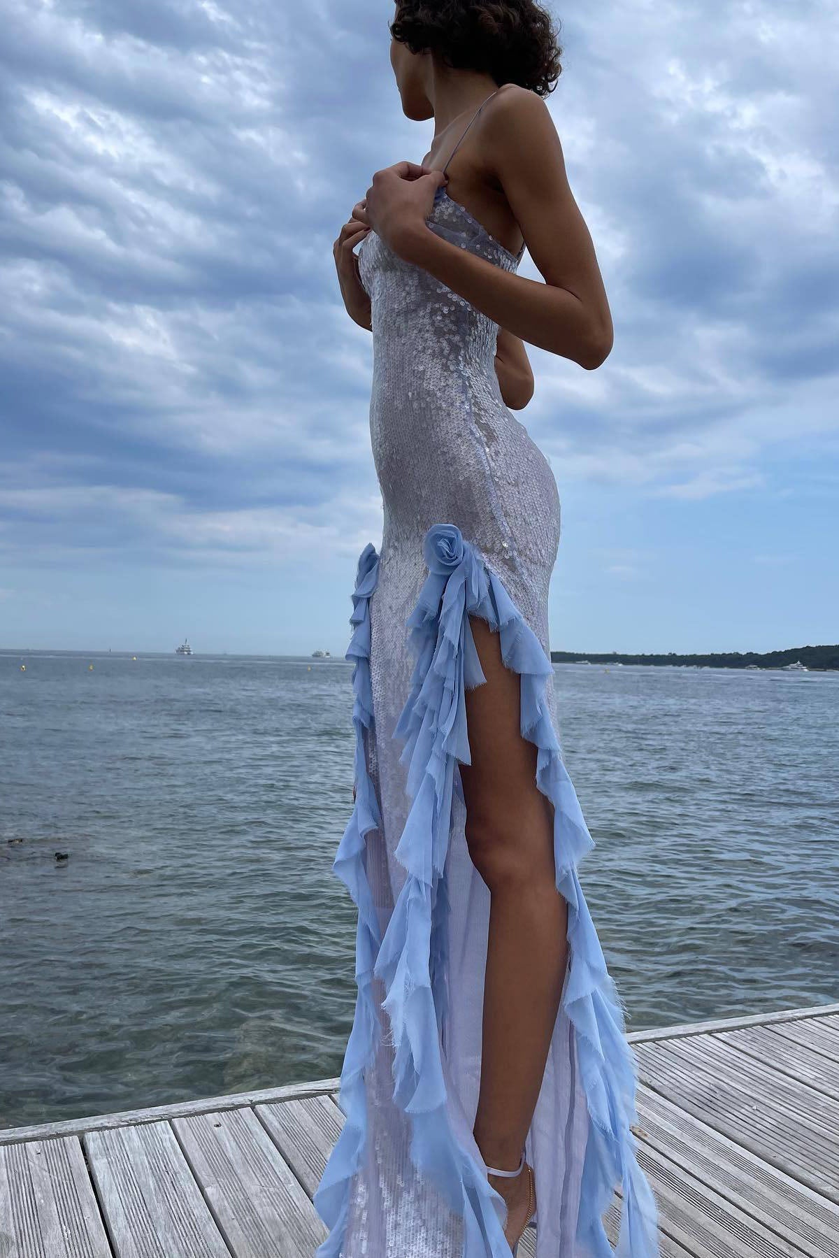 Sequined Sheer Side Slit Spaghetti Midi-Length Dress