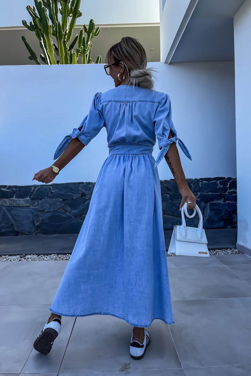 Clean-Lined V-Neck Buttoned Denim Gown