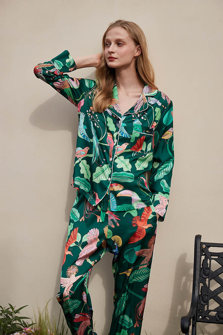 Coordinated Green Parrot Print Silk Pajama Set
