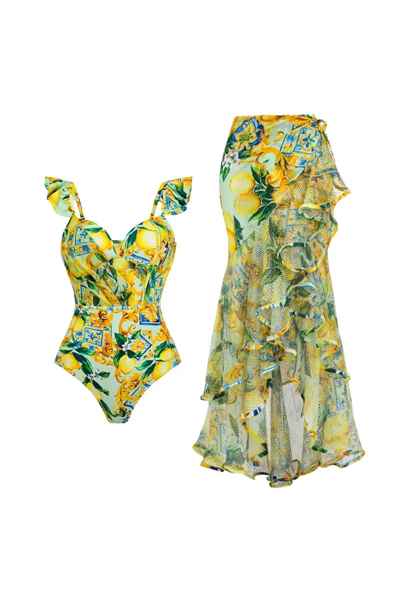 Mesh Lemon Print Swimwear Set