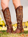 Retro Western Cowboy Embroidered Knee-High Boots