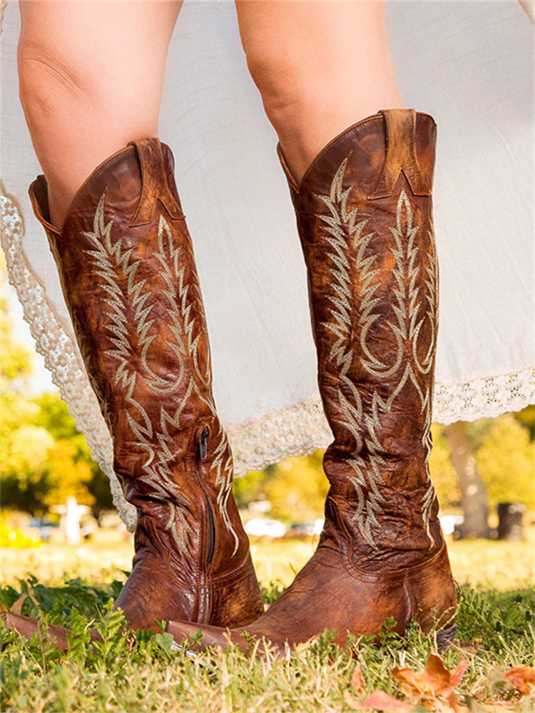 Retro Western Cowboy Embroidered Knee-High Boots