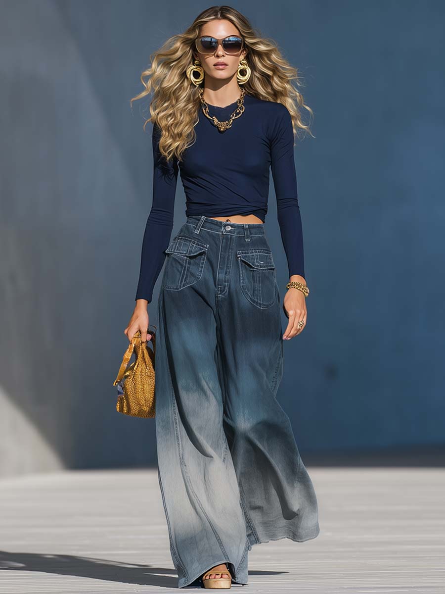 Relaxed Fashion Gradient Washed Denim Blue Gray Loose Trousers