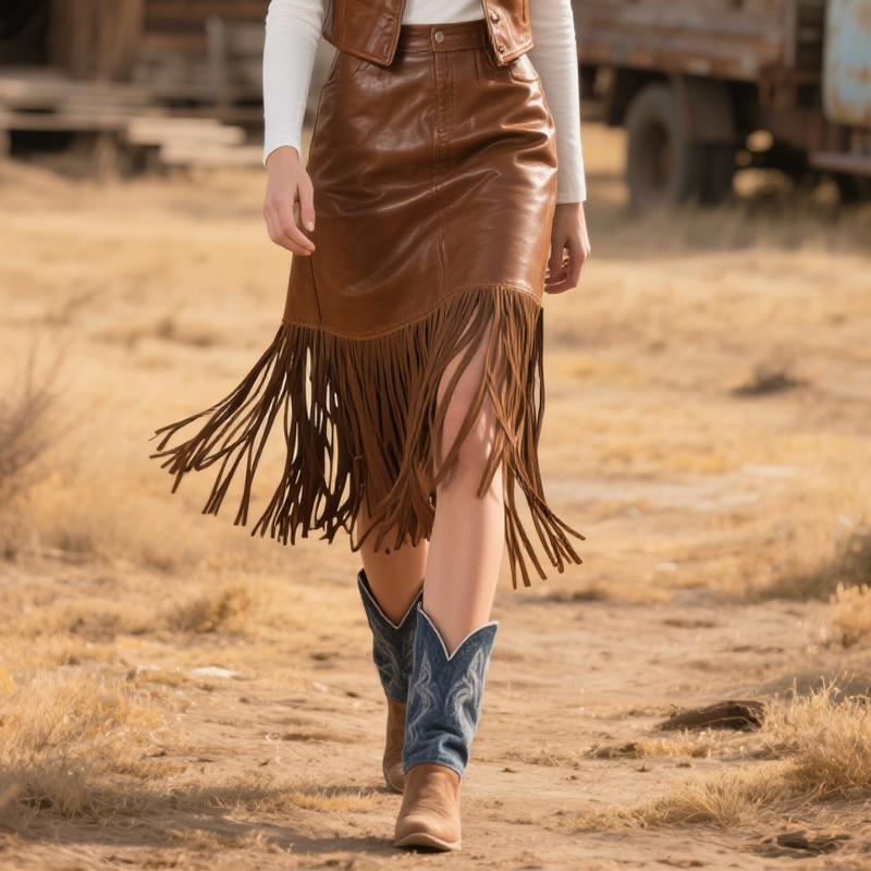 Women's Country Boho Leather Fringe Skirt