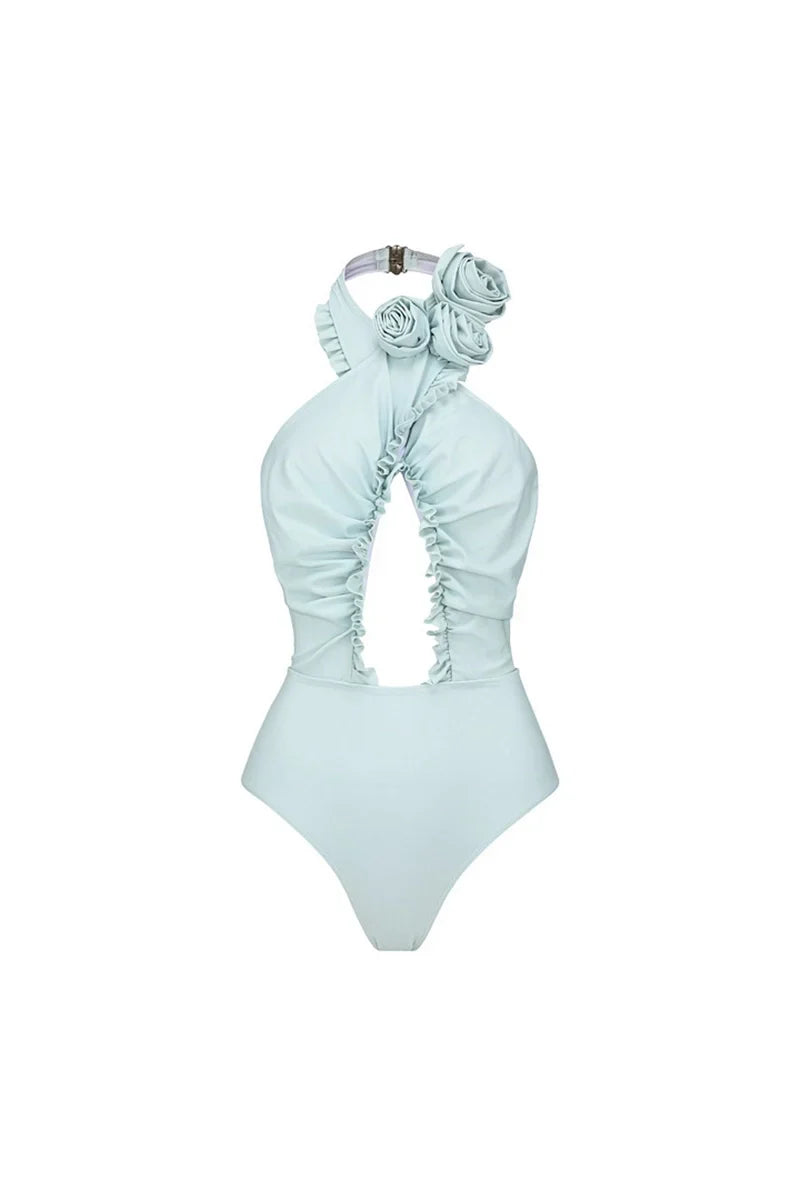 Halter Open-Back Swimsuit with 3D Flower Set