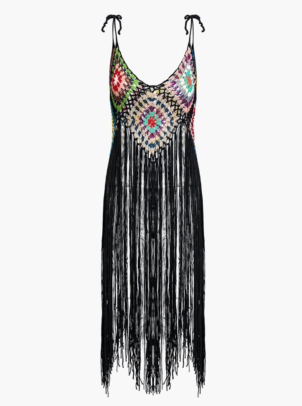 Modern Rainbow Square Pattern Fringe Crochet Knit Cami Top