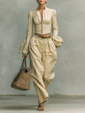 Coordinated Women's Retro Linen-like Fabric Stand-up Collar Single-breasted Shirt Trousers Two-Piece Set