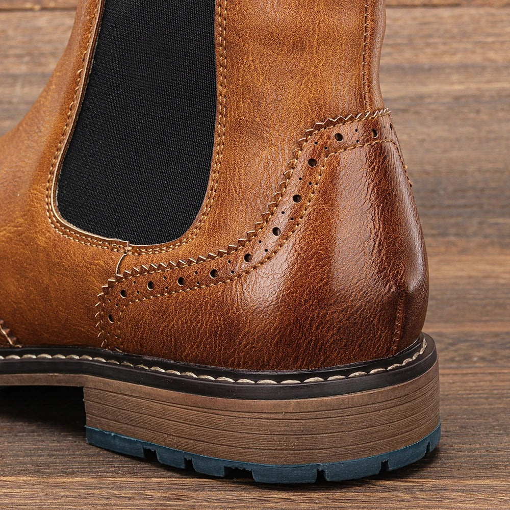 Burnished Leather Brogue Boots with Wingtip Brogue Detail