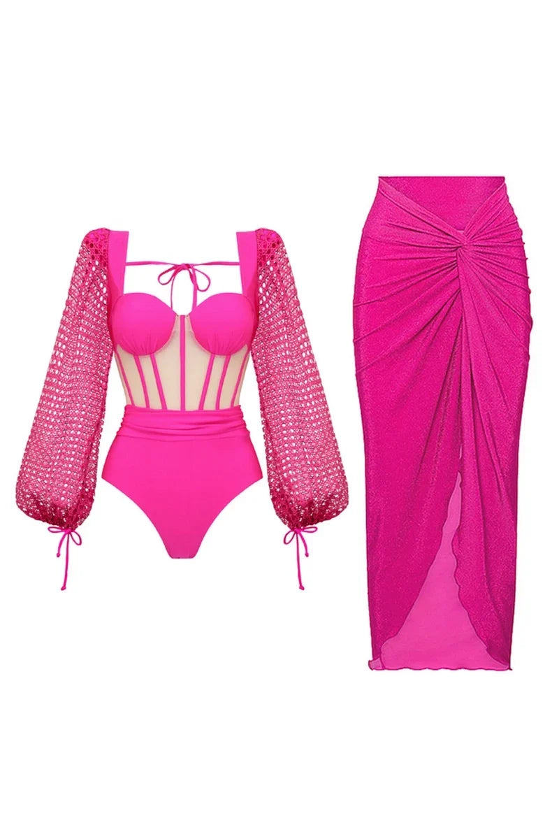 Fluorescent Pink Open-Back Swimwear Set