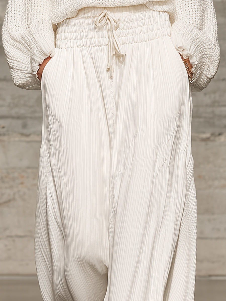 Retro Relaxed White Elastic Waist Wide-Leg Trousers