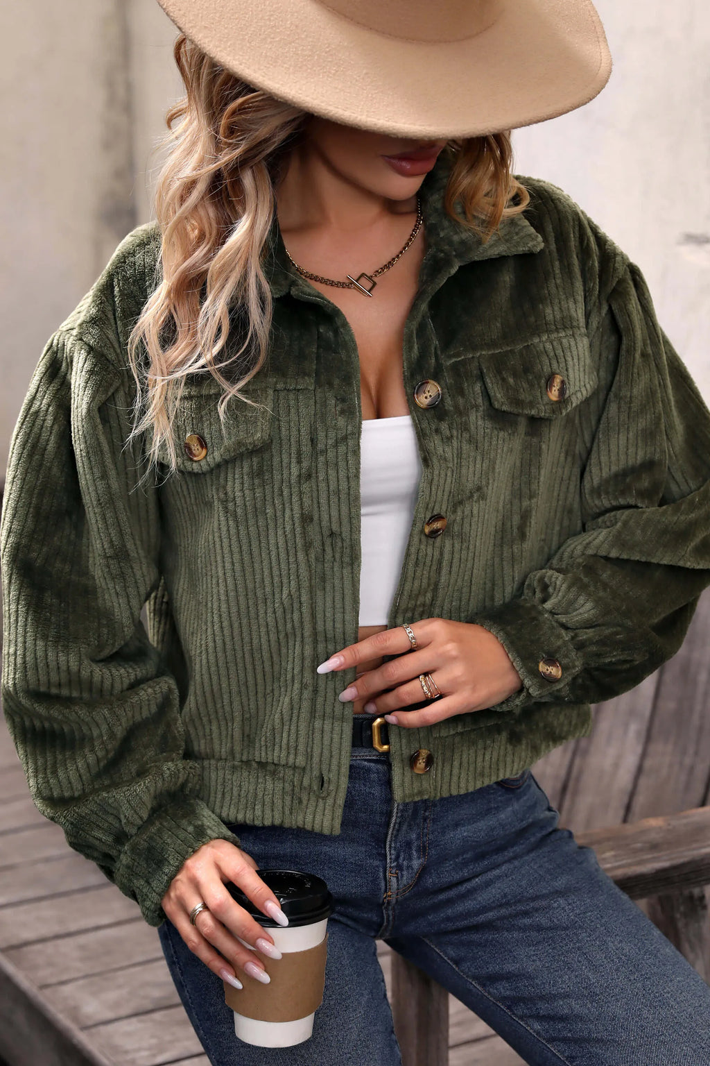 Modern Sabrina Cropped Corduroy Shacket - Olive