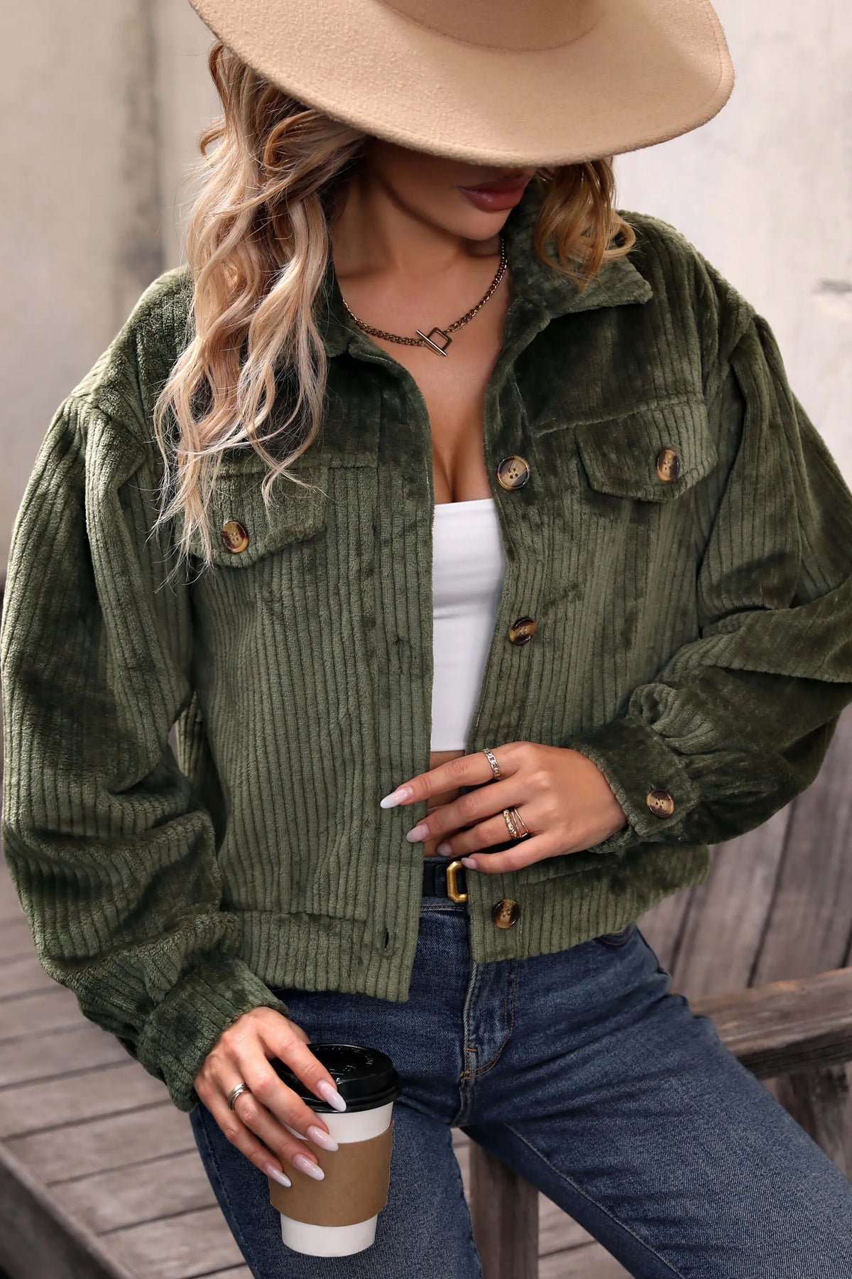 Modern Sabrina Cropped Corduroy Shacket - Olive