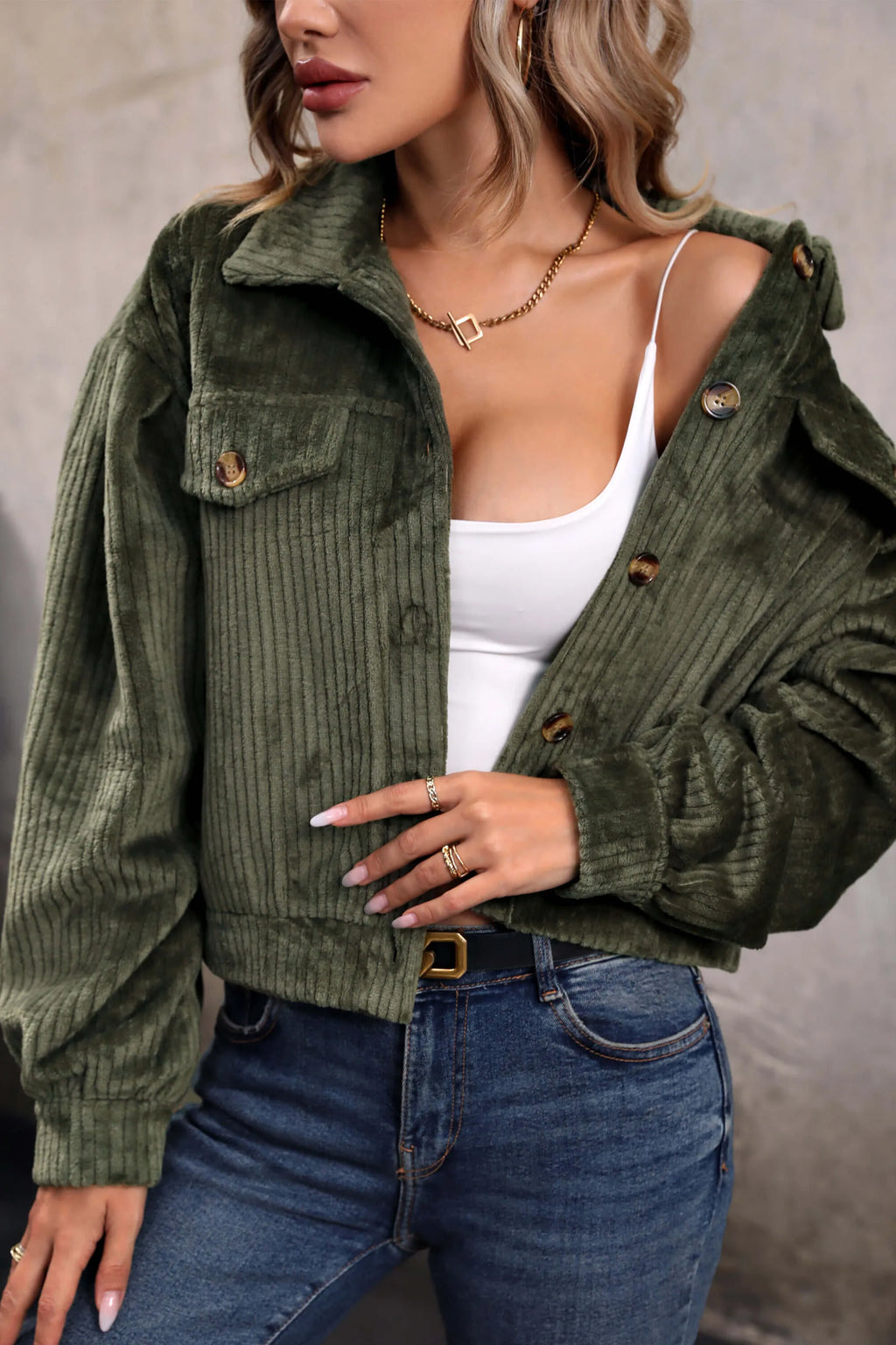 Modern Sabrina Cropped Corduroy Shacket - Olive