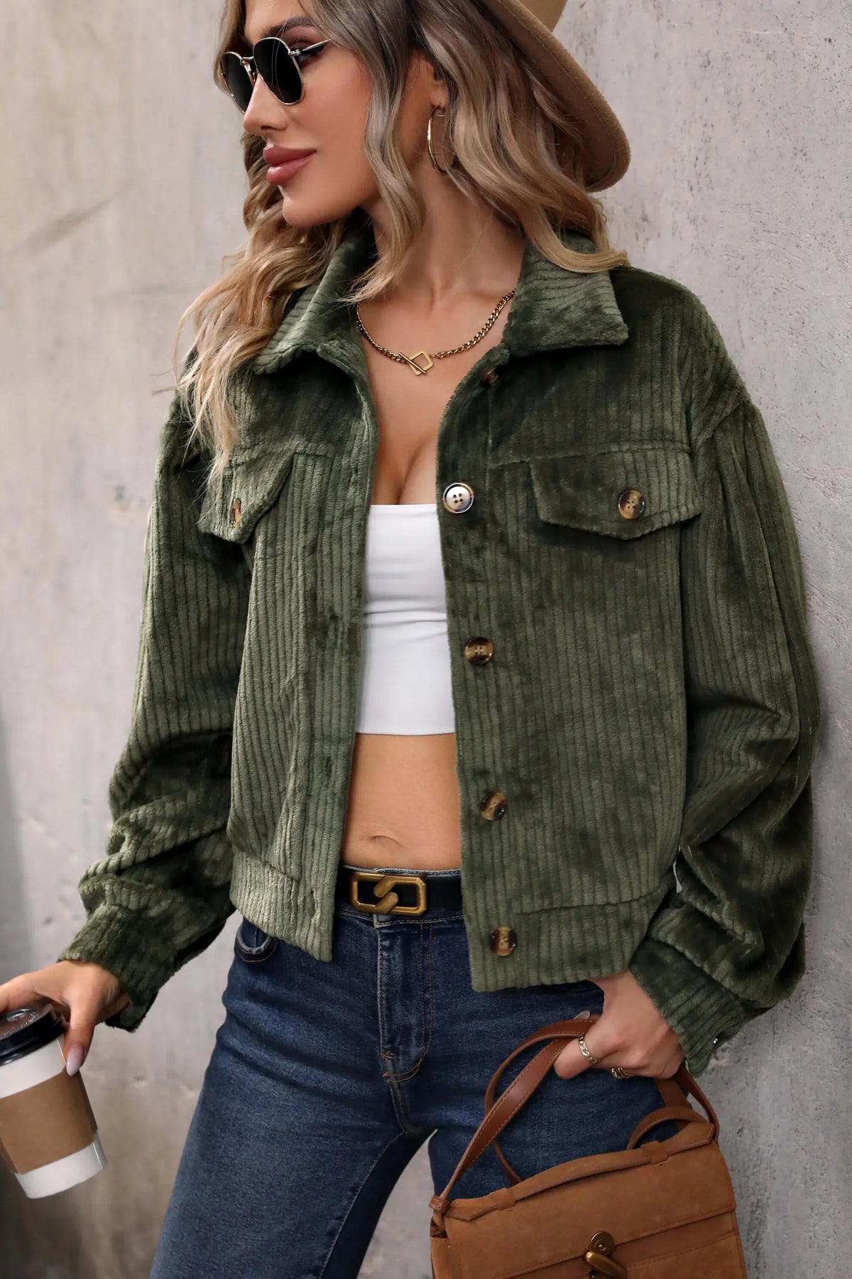 Modern Sabrina Cropped Corduroy Shacket - Olive