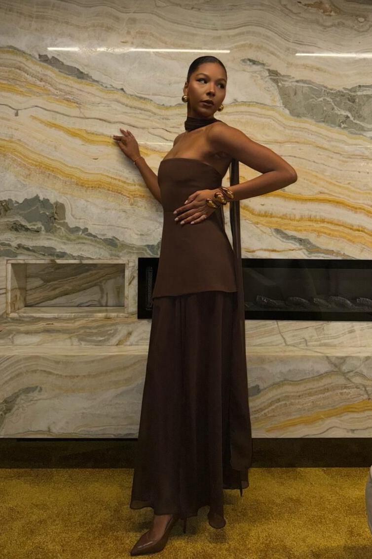 Strapless Halter Tie-Back Maxi-Length Dress with Flowing Ribbons