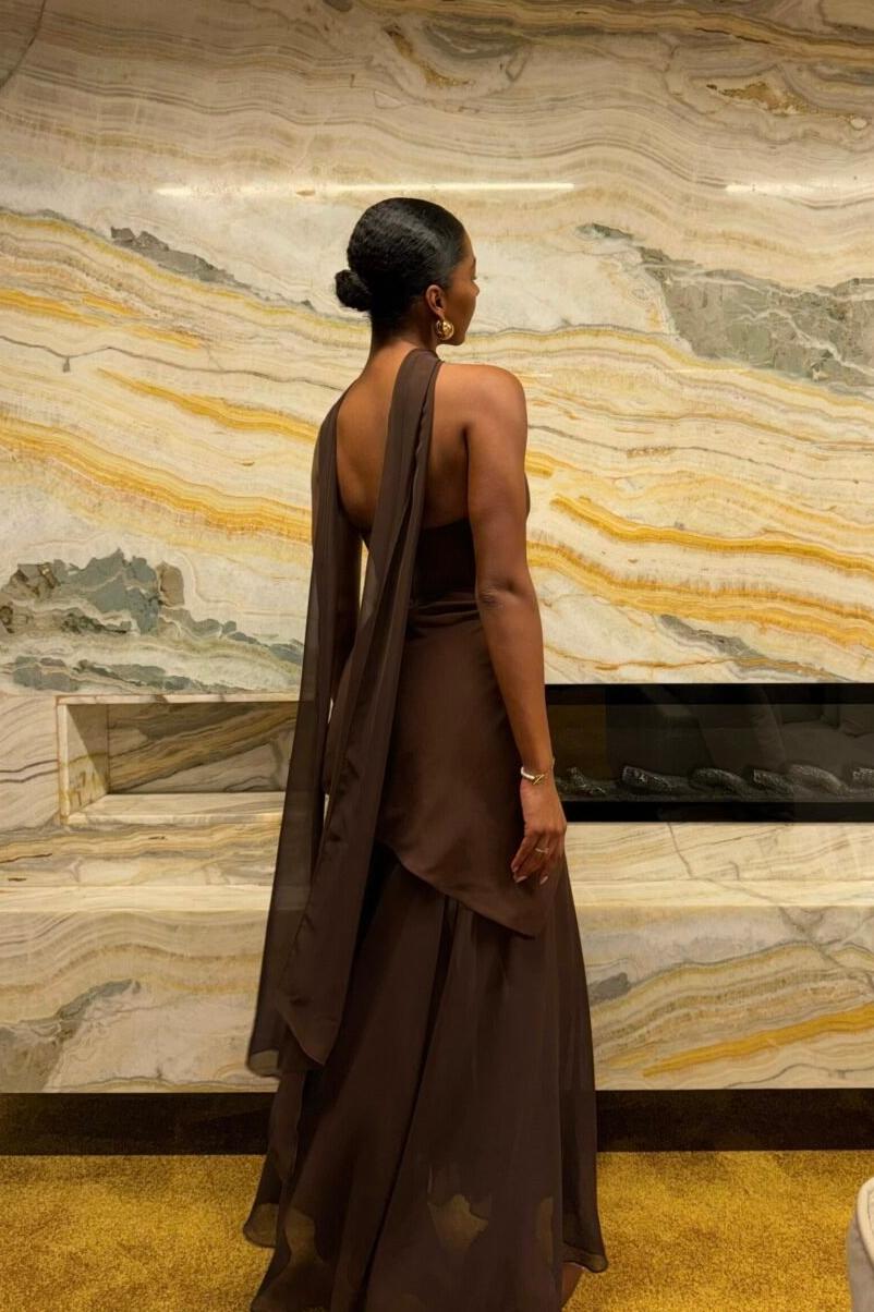 Strapless Halter Tie-Back Maxi-Length Dress with Flowing Ribbons