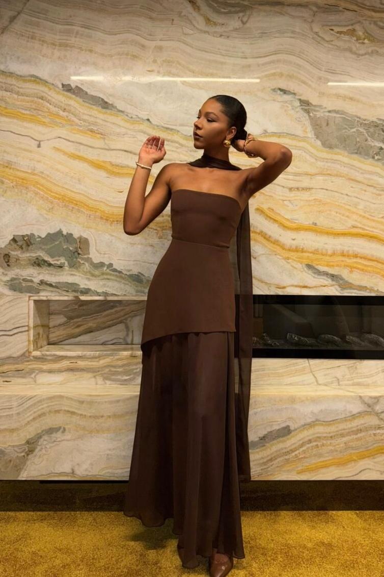 Strapless Halter Tie-Back Maxi-Length Dress with Flowing Ribbons