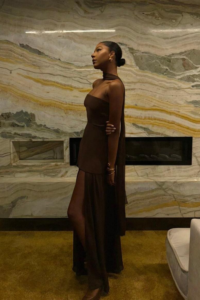 Strapless Halter Tie-Back Maxi-Length Dress with Flowing Ribbons