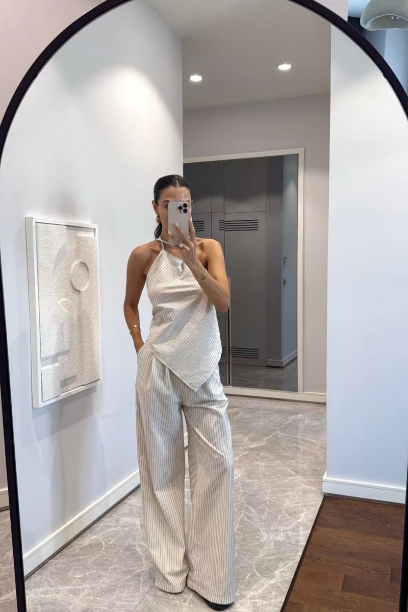 Coordinated One-Shoulder Striped Two-Piece Set