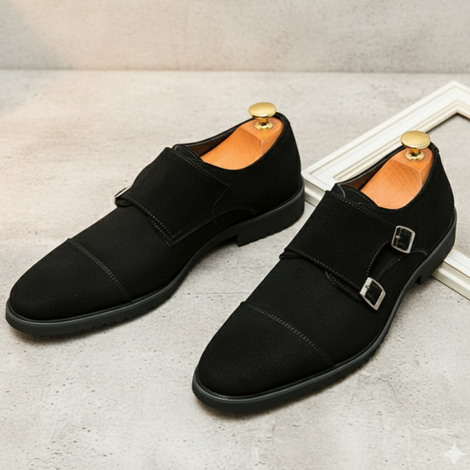 Suede Monk Strap Shoes with Double Buckle Strap