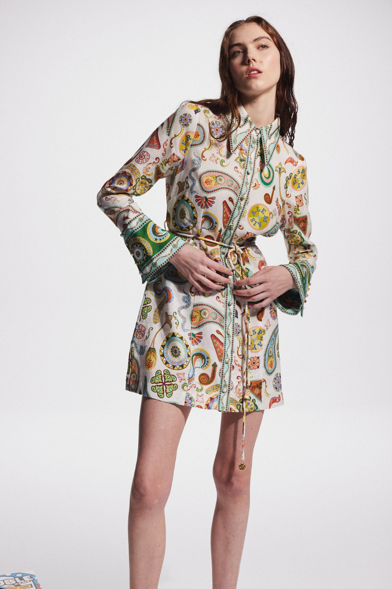 Aimee Long Sleeve Paisley Mini-Length Dress