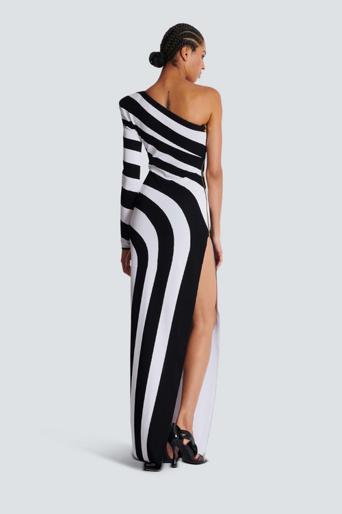 Alizea One-Shoulder Slit Asymmetrical Striped Maxi-Length Dress