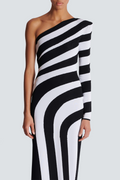 Alizea One-Shoulder Slit Asymmetrical Striped Maxi-Length Dress