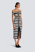Alizey Off-Shoulder Slit Striped Buttoned Skirt Set